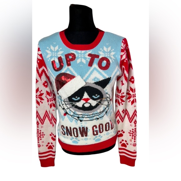 No Boundaries Ugly Christmas Sweater Red and Blue Cat Sweater - Picture 3 of 9